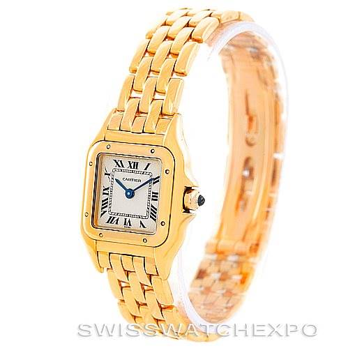 The image shows a Cartier Panthere W25022B9 Women's Yellow Gold Silver Dial W25022B9 Women's Yellow Gold Silver Dial watch from a three-quarter angle, highlighting its gold bracelet and square face with Roman numerals.
