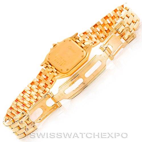 The image shows the back and clasp of a Cartier Panthere W25022B9 Women's Yellow Gold Silver Dial W25022B9 Women's Yellow Gold Silver Dial watch, highlighting its gold bracelet and deployment clasp.