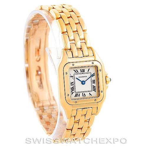 This is a frontal view and side angle of the Cartier Panthere W25022B9 Women's Yellow Gold Silver Dial W25022B9 Women's Yellow Gold Silver Dial watch, showing its gold bracelet and square face.