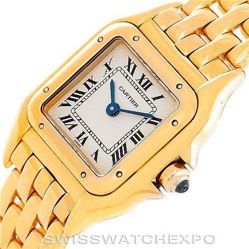 The image shows a close-up of a Cartier Panthère watch from an angled top perspective, highlighting the case, dial, and part of the bracelet.