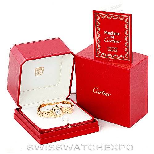 The image shows a Cartier Panthere W25022B9 Women's Yellow Gold Silver Dial W25022B9 Women's Yellow Gold Silver Dial watch in an open red box with its manual booklet next to it.