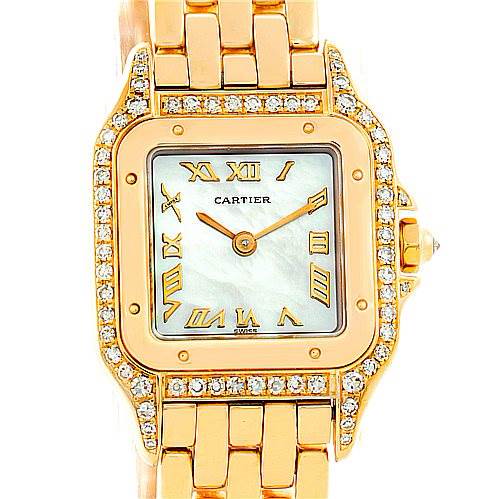 This image shows a frontal view of a Cartier Panthere watch, highlighting the gold case, diamond bezel, and bracelet.