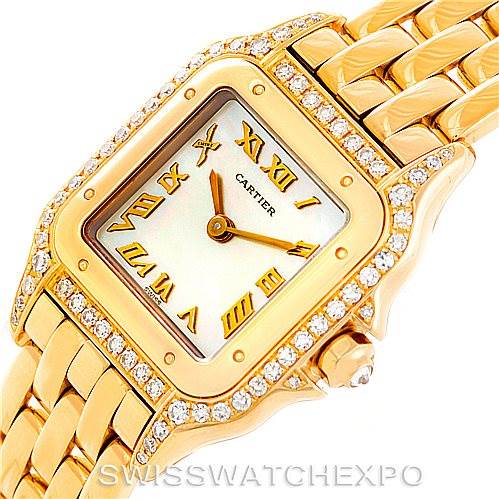 The image shows a close-up angle of a Cartier Panthere W25022B9 Women's Yellow Gold Mother of Pearl Dial W25022B9 Women's Yellow Gold Mother of Pearl Dial model watch, highlighting its gold case, bracelet, and diamond-set bezel.