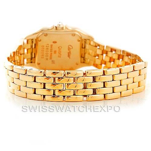 This image shows the back of the case and the bracelet of a gold Cartier Panthere W25022B9 Women's Yellow Gold Mother of Pearl Dial W25022B9 Women's Yellow Gold Mother of Pearl Dial watch, emphasizing the linked bracelet design.