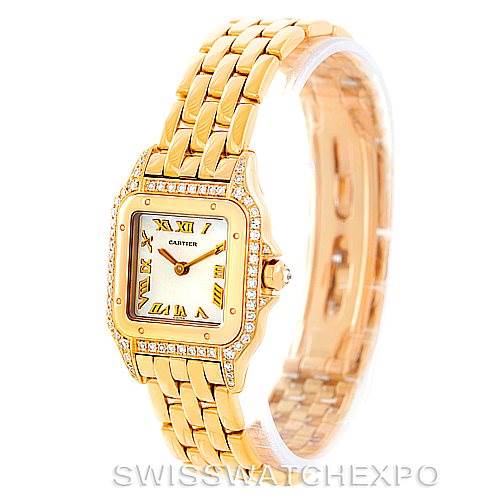 The image shows a Cartier Panthere W25022B9 Women's Yellow Gold Mother of Pearl Dial W25022B9 Women's Yellow Gold Mother of Pearl Dial model watch from an angled side perspective, focusing on its gold bracelet and diamond-studded rectangular face.