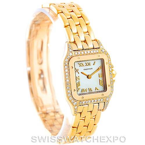 The image shows a Cartier Panthere W25022B9 Women's Yellow Gold Mother of Pearl Dial W25022B9 Women's Yellow Gold Mother of Pearl Dial model watch at a three-quarter angle, highlighting its gold bracelet and diamond-encrusted bezel.