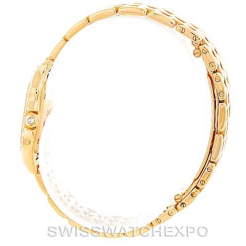 The image shows a side view of a Cartier Panthere W25022B9 Women's Yellow Gold Mother of Pearl Dial W25022B9 Women's Yellow Gold Mother of Pearl Dial watch, highlighting its gold bracelet and bezel detail.