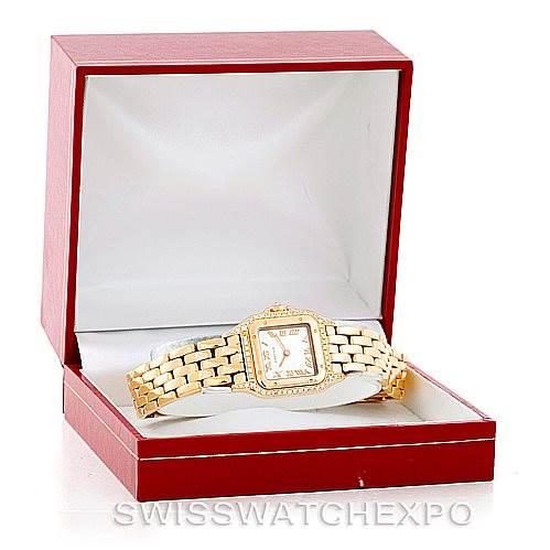 The image shows a Cartier Panthere W25022B9 Women's Yellow Gold Mother of Pearl Dial W25022B9 Women's Yellow Gold Mother of Pearl Dial watch angled diagonally, featuring its rectangular dial and gold bracelet, presented in an open red box.