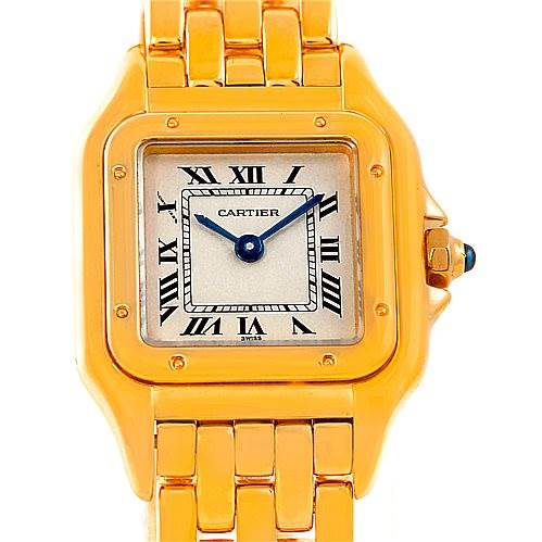 This image shows the face and part of the bracelet of a Cartier Panthere W25022B9 Women's Yellow Gold Silver Dial W25022B9 Women's Yellow Gold Silver Dial watch, viewed from the front.