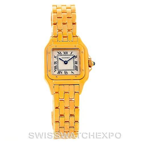 The image shows a Panthère de Cartier watch from a front angle, highlighting its gold bracelet, square case, and Roman numeral dial.