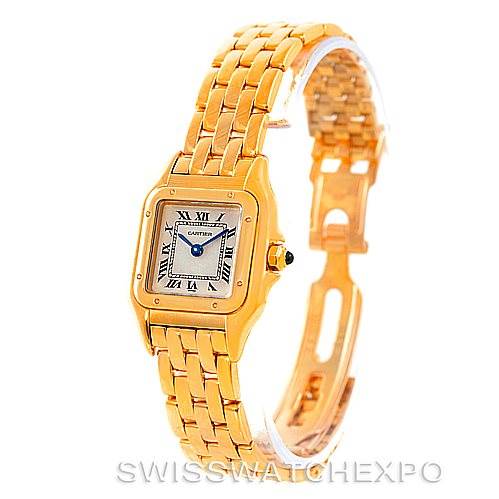 The image shows a Cartier Panthere W25022B9 Women's Yellow Gold Silver Dial W25022B9 Women's Yellow Gold Silver Dial watch from an angled front view, highlighting its gold bracelet and square face with Roman numerals.