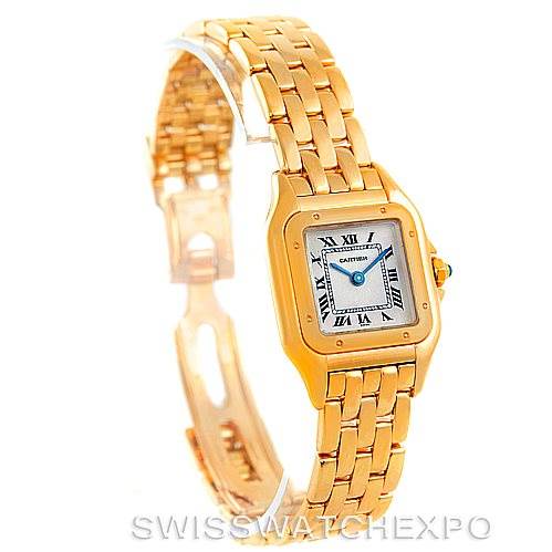 The image shows a front view and partial side view of a Cartier Panthere W25022B9 Women's Yellow Gold Silver Dial W25022B9 Women's Yellow Gold Silver Dial watch, highlighting its gold bracelet and dial.