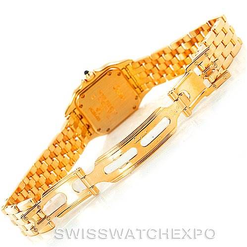 The image shows the back view and clasp of a Panthere model by Cartier, highlighting the gold bracelet and deployment clasp.