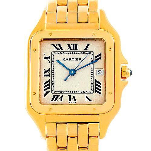 This image shows a frontal view of a Panthere model by Cartier, featuring a gold case, Roman numerals, and a date window.