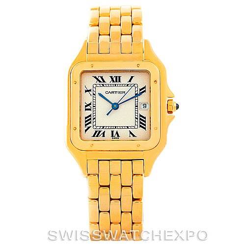 The image shows a front view of the Cartier Panthere W25014B9 Men
s Yellow Gold Silver Dial W25014B9 Men
s Yellow Gold Silver Dial watch, displaying the face, bracelet, and bezel.