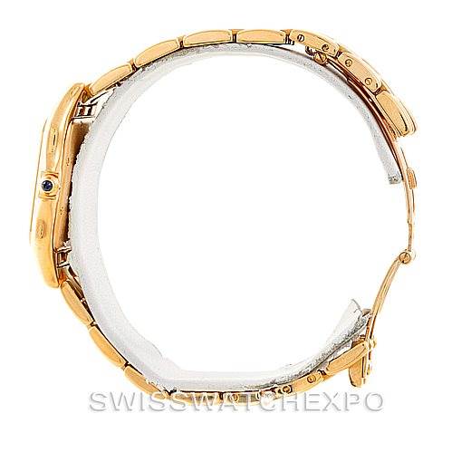 The image shows a side view of the Cartier Panthere W25014B9 Men
s Yellow Gold Silver Dial W25014B9 Men
s Yellow Gold Silver Dial watch, focusing on its gold bracelet and case.