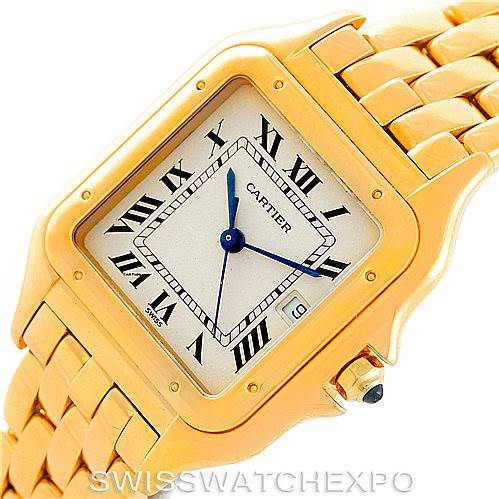 The image shows the front and part of the bracelet of a Cartier Panthere W25014B9 Men
s Yellow Gold Silver Dial W25014B9 Men
s Yellow Gold Silver Dial watch.