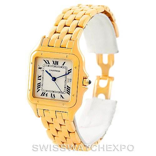 This image shows a Panthere model by Cartier at a slight angle, highlighting the bezel, dial, and part of the bracelet.