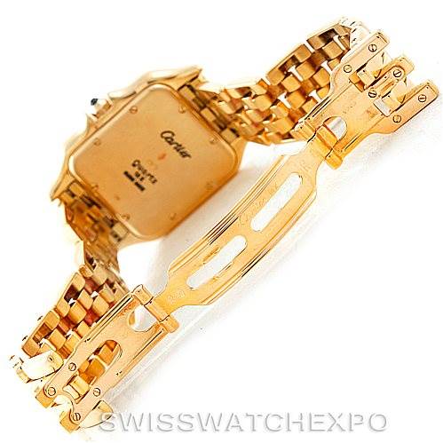 The image shows the back and bracelet of a Cartier Panthere W25014B9 Men
s Yellow Gold Silver Dial W25014B9 Men
s Yellow Gold Silver Dial watch, highlighting its clasp and gold links.