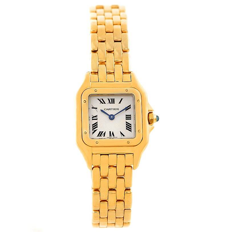 This image shows a front view of the Cartier Panthere W25022B9 Women's Yellow Gold Silver Dial W25022B9 Women's Yellow Gold Silver Dial model watch, highlighting its gold case, bracelet, and Roman numeral dial.