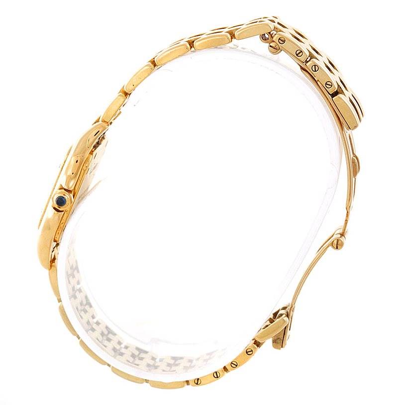 This image shows a side angle of the Cartier Panthere W25022B9 Women's Yellow Gold Silver Dial W25022B9 Women's Yellow Gold Silver Dial model watch, highlighting the band, bezel, and crown.