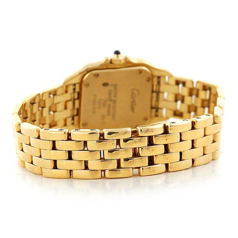 The image shows the back view of the Cartier Panthere W25022B9 Women's Yellow Gold Silver Dial W25022B9 Women's Yellow Gold Silver Dial watch, highlighting the gold case and bracelet.