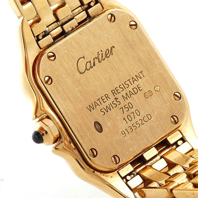 The image shows the back of the Cartier Panthere W25022B9 Women's Yellow Gold Silver Dial W25022B9 Women's Yellow Gold Silver Dial watch, highlighting its case and bracelet.