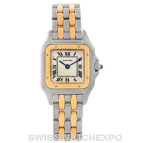 This is a front view of a Cartier Panthere W25029B6 Women's Stainless Steel Silver Dial W25029B6 Women's Stainless Steel Silver Dial watch showcasing the dial, bezel, and two-tone bracelet.