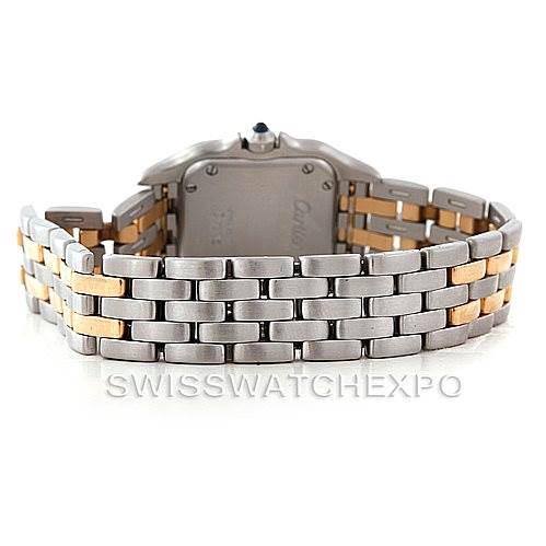 This is a rear view image of the Cartier Panthere W25029B6 Women's Stainless Steel Silver Dial W25029B6 Women's Stainless Steel Silver Dial model watch, showing its two-tone metal bracelet and the case back.