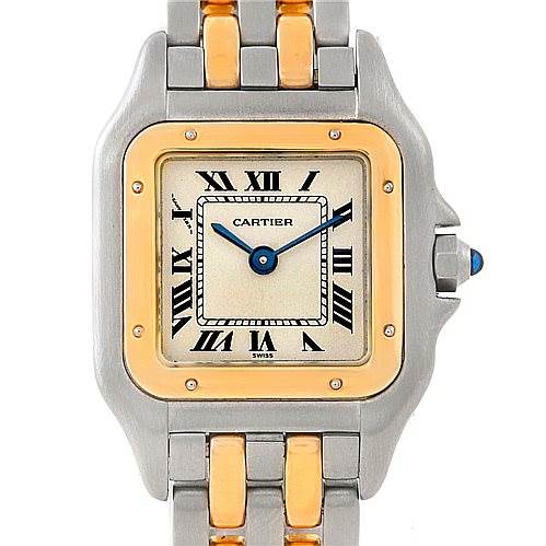 This image shows a front view of the Cartier Panthere W25029B6 Women's Stainless Steel Silver Dial W25029B6 Women's Stainless Steel Silver Dial watch, highlighting the face, bezel, and part of the bracelet.