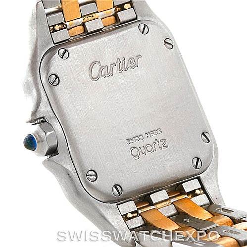 This image shows the back casing of the Cartier Panthere W25029B6 Women's Stainless Steel Silver Dial W25029B6 Women's Stainless Steel Silver Dial watch, revealing the engravings and part of the two-tone bracelet.