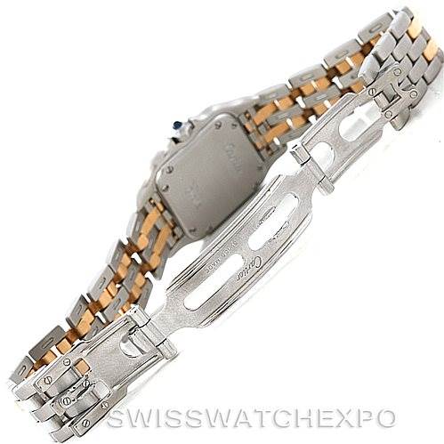 The image shows the back and clasp of a Cartier Panthere W25029B6 Women's Stainless Steel Silver Dial W25029B6 Women's Stainless Steel Silver Dial watch, highlighting the two-tone metal bracelet and closed deployment clasp.