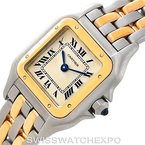 This image shows a close-up of the face and part of the band of the Cartier Panthere W25029B6 Women's Stainless Steel Silver Dial W25029B6 Women's Stainless Steel Silver Dial watch, highlighting its two-tone design.