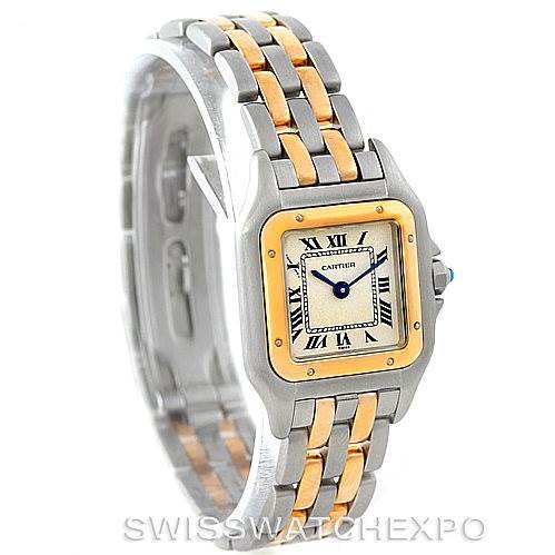 This image shows a Cartier Panthere W25029B6 Women's Stainless Steel Silver Dial W25029B6 Women's Stainless Steel Silver Dial wristwatch from a three-quarter angle, highlighting its two-tone bracelet and square face.