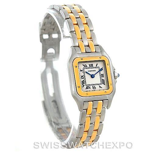 The image shows the front angle of a Cartier Panthere W25029B6 Women
s Stainless Steel Silver Dial W25029B6 Women
s Stainless Steel Silver Dial model watch, showcasing its two-tone bracelet and square face with Roman numerals.