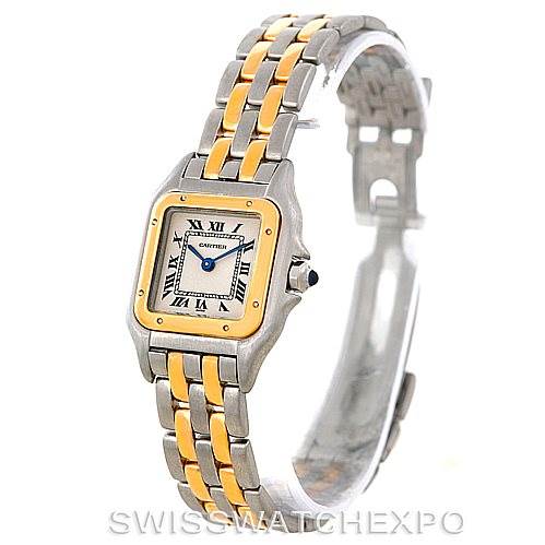 The image shows the Cartier Panthere W25029B6 Women
s Stainless Steel Silver Dial W25029B6 Women
s Stainless Steel Silver Dial watch from a front angle, highlighting its case, dial, and two-tone bracelet.