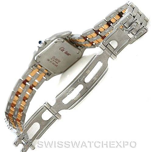 The image shows the underside of the Cartier Panthère watch, focusing on the clasp and integrated two-tone bracelet.