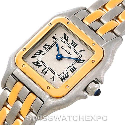 This image shows a close-up angled view of the Cartier Panthere W25029B6 Women
s Stainless Steel Silver Dial W25029B6 Women
s Stainless Steel Silver Dial model, highlighting its watch face, bezel, and part of the bracelet.