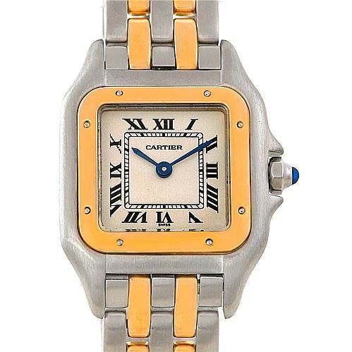 The image shows a front view of the Cartier Panthere W25029B6 Women
s Stainless Steel Silver Dial W25029B6 Women
s Stainless Steel Silver Dial watch, highlighting the face, bezel, and bracelet.