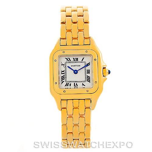 This image shows a front view of a Panthère de Cartier watch, highlighting the face, bezel, crown, and bracelet.