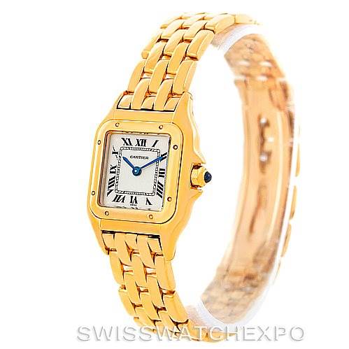 The image shows a side and front-angle view of the Cartier Panthere W25022B9 Women's Yellow Gold Silver Dial W25022B9 Women's Yellow Gold Silver Dial watch, highlighting its gold bracelet and square dial with Roman numerals.
