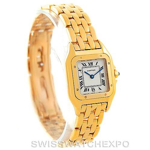 The image shows a Cartier Panthere W25022B9 Women's Yellow Gold Silver Dial W25022B9 Women's Yellow Gold Silver Dial model watch from an angled top-side view, displaying the gold bracelet and square face with Roman numerals.