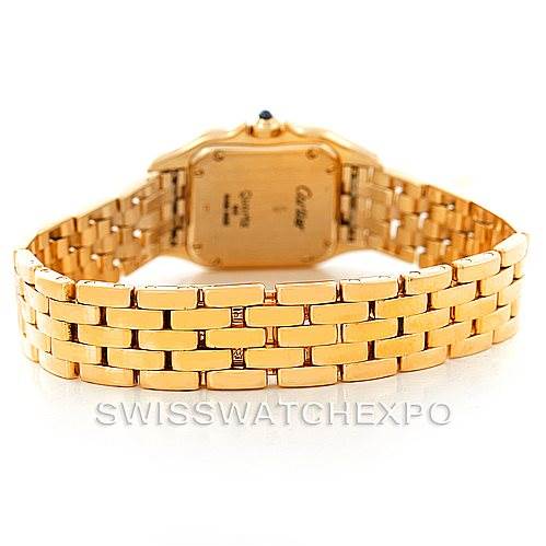 This image shows the back view of a Cartier Panthere W25022B9 Women's Yellow Gold Silver Dial W25022B9 Women's Yellow Gold Silver Dial model watch, focusing on its gold bracelet and case back.