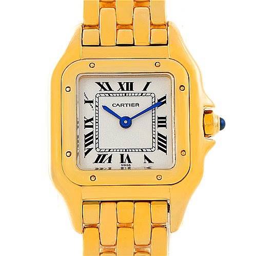 This image shows a front view of the Cartier Panthère watch, highlighting the face, bezel, bracelet, and crown with a blue gem.