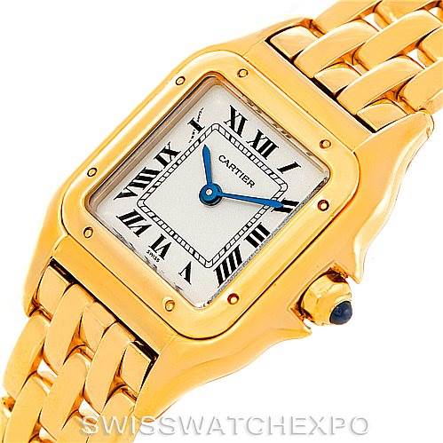 This image shows a close-up of the Cartier Panthere W25022B9 Women's Yellow Gold Silver Dial W25022B9 Women's Yellow Gold Silver Dial model watch, highlighting its gold case, bracelet, and Roman numeral dial.