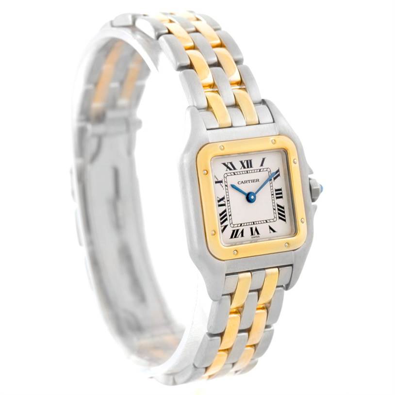 This image shows a Cartier Panthere W25029B6 Women
s Stainless Steel Silver Dial W25029B6 Women
s Stainless Steel Silver Dial watch at a three-quarter angle, highlighting its two-tone bracelet and square dial with Roman numerals.