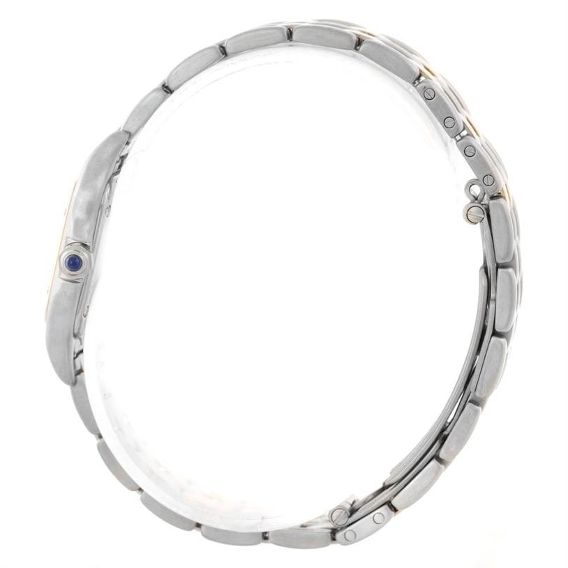 This image shows a side view of the Cartier Panthere W25029B6 Women
s Stainless Steel Silver Dial W25029B6 Women
s Stainless Steel Silver Dial watch, highlighting its bracelet and crown.