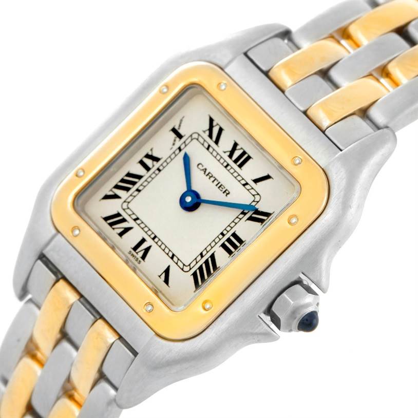 This is a close-up of the Cartier Panthere W25029B6 Women
s Stainless Steel Silver Dial W25029B6 Women
s Stainless Steel Silver Dial watch showing the face, bezel, dial, crown, and part of the bracelet.