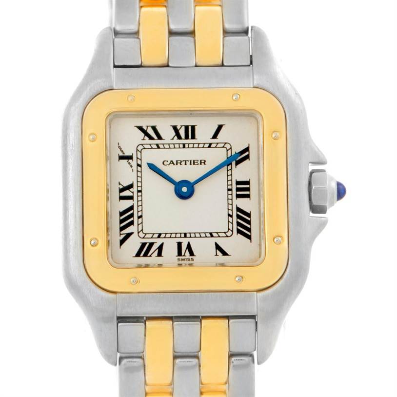 The image shows a front view of the Cartier Panthere W25029B6 Women
s Stainless Steel Silver Dial W25029B6 Women
s Stainless Steel Silver Dial watch, highlighting its square face and two-tone metal band.