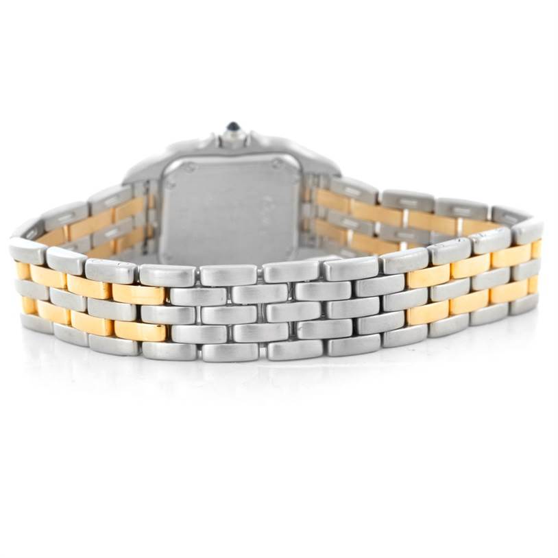 The image shows the back of the Cartier Panthere W25029B6 Women
s Stainless Steel Silver Dial W25029B6 Women
s Stainless Steel Silver Dial watch, highlighting its two-tone metal bracelet.